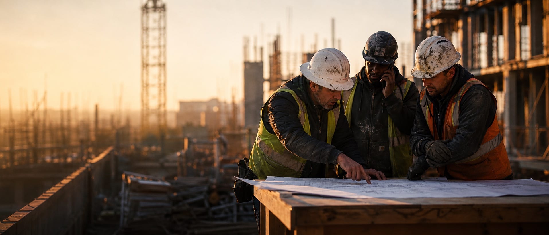 A project manager and two tradespeople reviewing drawings together on a high-rise site at sunrise